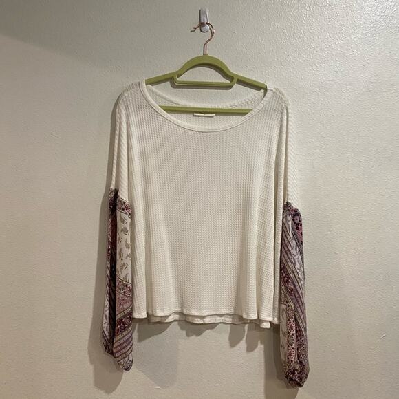 Lavender Field White Waffle Knit Balloon Sleeve Top Sz L - Picture 8 of 10